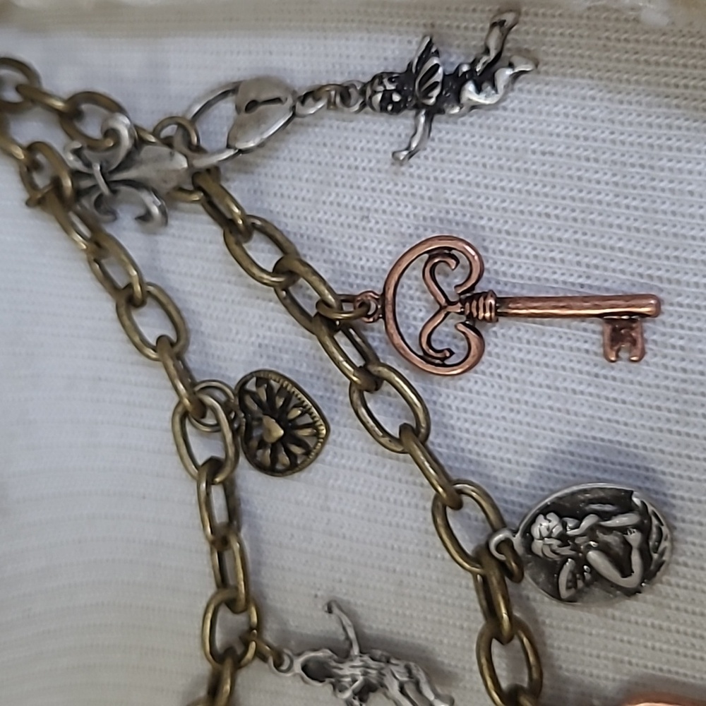 Charms Pendant Necklace 2 Strand Lock Key Fleur-de-lis Cherub Gold Silver Bronze - Picture 9 of 10